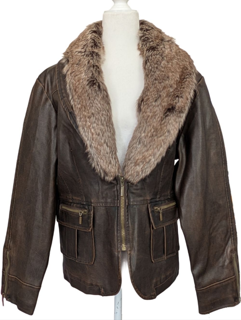 Cato Womens Brown Faux Fur Detachable Collar Vegan Leather Jacket NWT Size XL